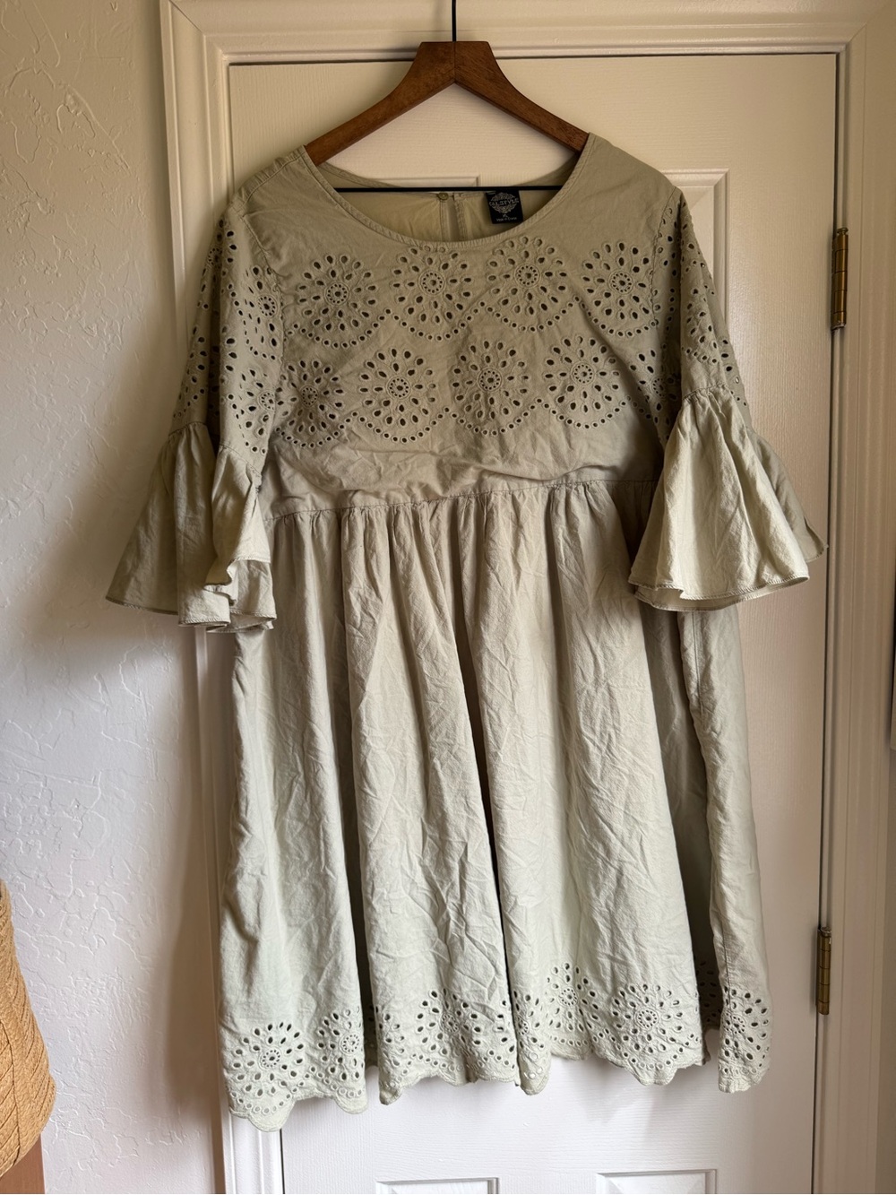 100% cotton Sage Green Eyelet Babydoll Dress with Ruffle Sleeves